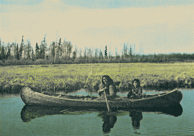 A Chipewyan woman and child set out in a canoe along the shallow margins of a lake.