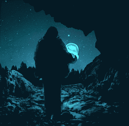 The opening of a cave seen from its inside, looking to a forest in the distance, with a starry night sky above. A long-haired figure is seen backlit, facing away. A glowing, jellyfish-like blob sits in their right arm.