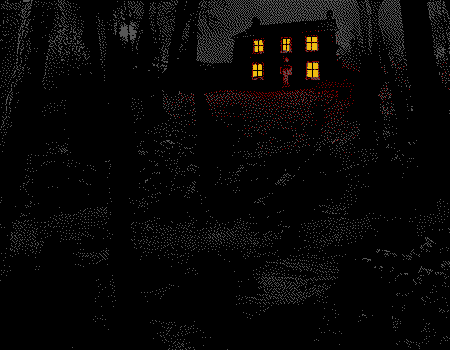 A dark forest at night, with some trees at the sides of the image. The horizon line is not centered, but very high up. On top of it there is a black old house, with yellow-lit windows which cast some red light on the floor in front.
