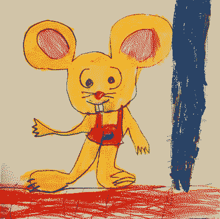 A smiling anthropomorphic yellow mouse, wearing red overalls.