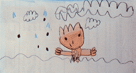 A child drawing of a child with big head and arms swimming. Some V-shaped birds are pooping (the poop looks like black circles under them). There are some fluffy clouds.