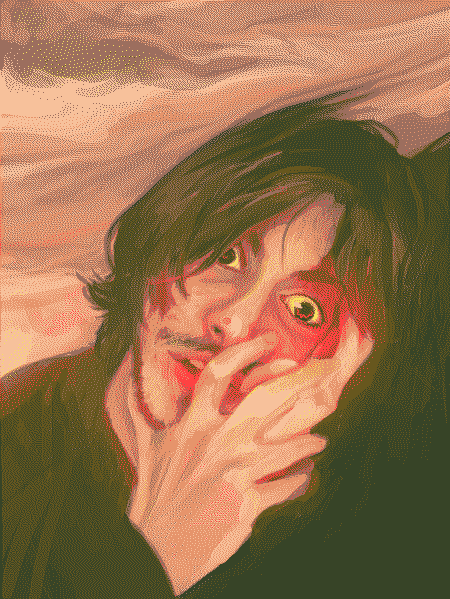A digital painting bust-up portrait of a young white long-haired man. The overall hues of the painting are pink and brown. His hair is brown and he has a moustache and stubble. He grasps his face with his hands, covering it partially, while he looks at some place behind the viewer, with a lost gaze. The white of his eyes is yellow, his irises are dark with a squiggly red line highlight or reflection. The reds of his face, in his lips and eyelids, are exaggerated, almost glowing. In the background, thin pink and grey clouds pass by, merging with his hair.