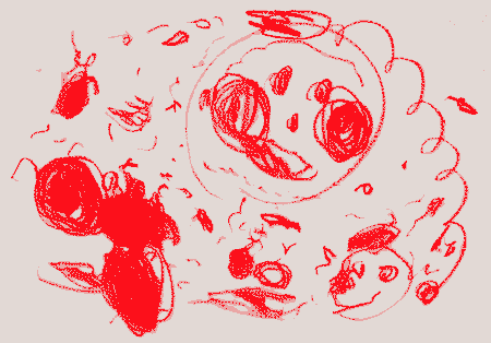 Red scribbles. Some loops, some circles.