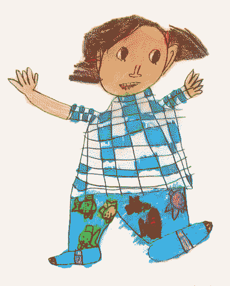 A child drawing of a child smiling. The child has long brown hair and is wearing a blue and white checkered shirt, and blue pants with a colorful fish drawing pattern.